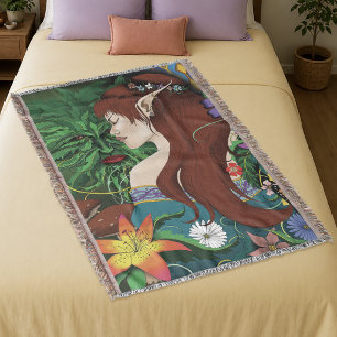 Grön man älva fantasy blommig illustration filt