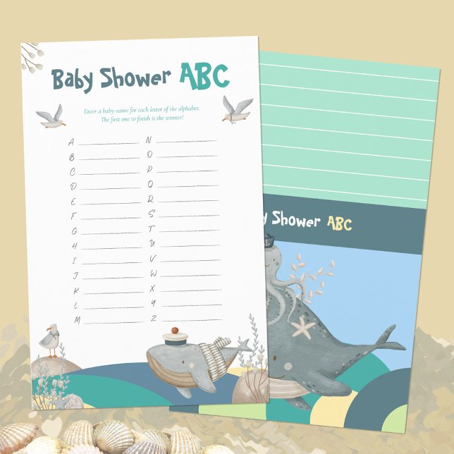 Grön Marin Val Baby Shower ABC Namnlek (Green Nautical Whale Baby Shower ABC Names Game ©Susanne Sachers - Sunny Mind Design 🌞)
