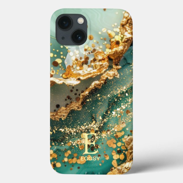 Grön marmor chic guld glitter monogram (Baksida)
