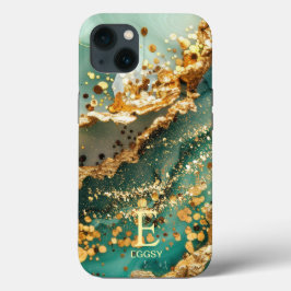 Grön marmor chic guld glitter monogram