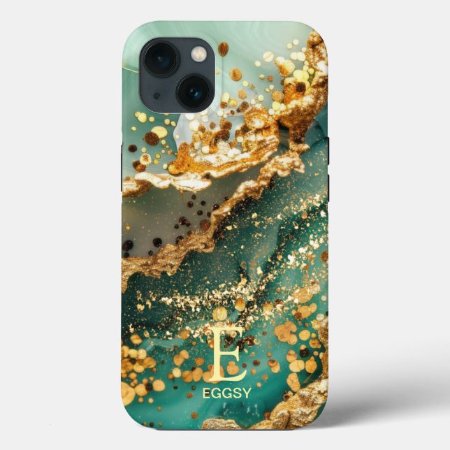 Grön marmor chic guld glitter monogram (Baksida)