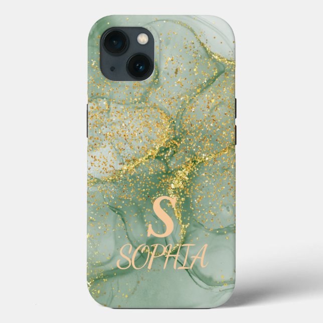 Grön marmor chic guld glitter monogram (Baksida)