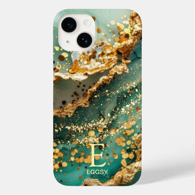 Grön marmor chic guld glitter monogram (Baksida)