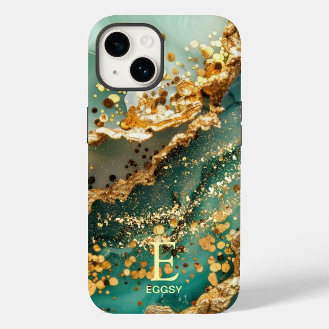 Grön marmor chic guld glittermonogram (Baksida)