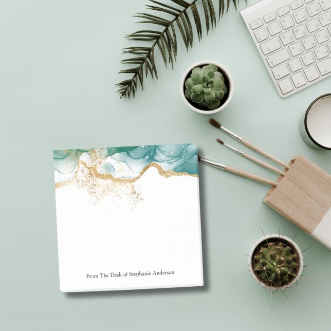 Grön marmor Guld Glitter Alkoholbläck Post it Noti Post-it Block (Green Marble Watercolor Wash Alcohol Ink Gold Glitter Small Business  Personalized Post it notes)