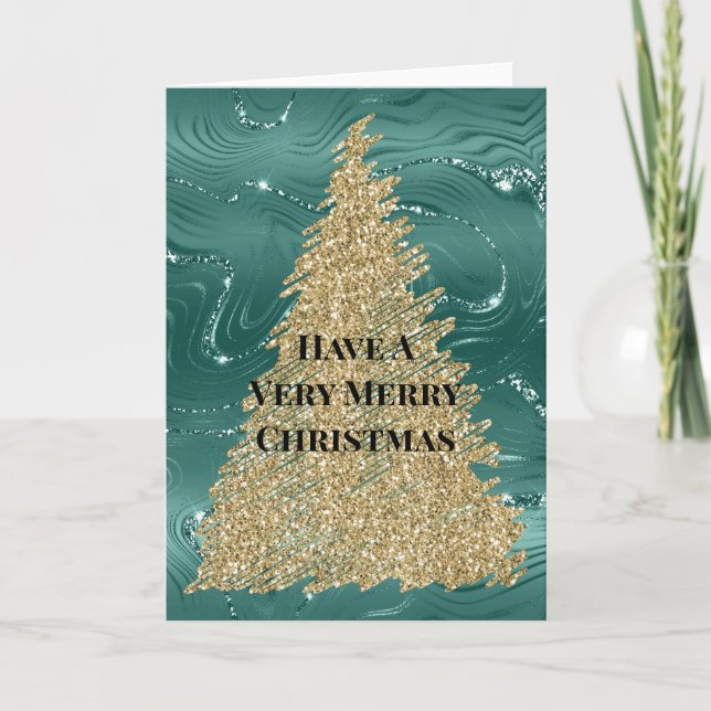 Grön Marmor Guld Glitter Julgran Kort (Framsida)