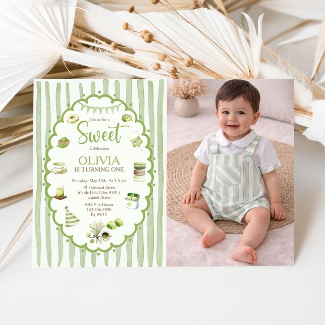 Grön Matcha Söt  Foto Födelsedagsinbjudan Inbjudningar (Skapare uppladdad)