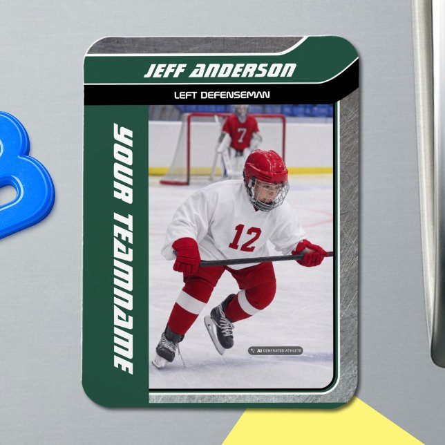 Grön Metall Ishockey Foto Magnet (Personalize with your own photo and name.)
