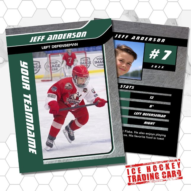 Grön metall ishockey samlarkort (Hockey Trading Card with custom team name and hockey player name in Green and Black)