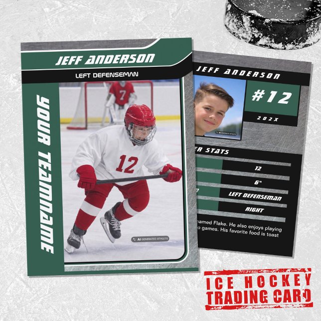 Grön metall ishockey samlarkort (Hockey Trading Card with custom team name and hockey player name in Green and Black)