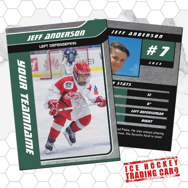 Grön Metall Ishockey Samlarkort (Hockey Trading Card with custom team name and hockey player name in Green and Black)