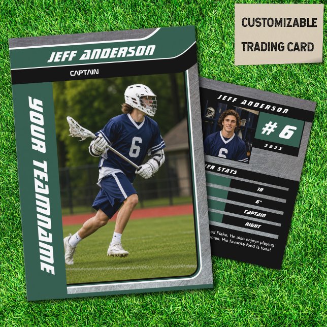 Grön metall Lacrosse-spelare Trading Card (Green Metal Lacrosse Trading Cards with Custom Player Photo and Team Details)