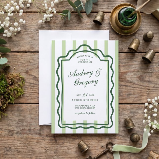 Grön Minimalistisk Coquette Bröllop Inbjudningar (Green Wavy Frame Wedding Invitation)