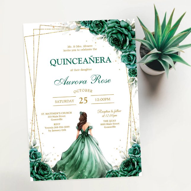 Grön Mis Quince Quinceañera Födelsedagsinbjudan Inbjudningar (Skapare uppladdad)