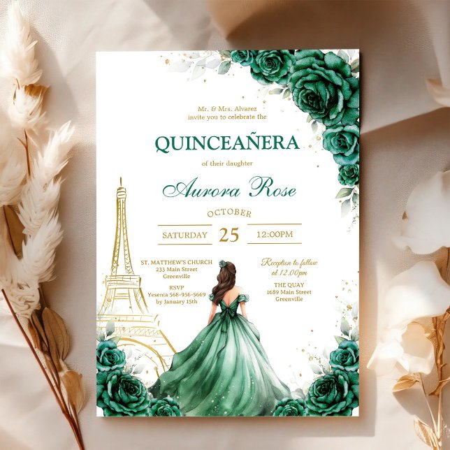 Grön Mis Quince Quinceañera Födelsedagsinbjudan Inbjudningar (Skapare uppladdad)
