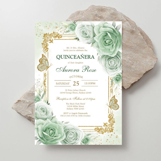 Grön Mis Quince Quinceañera Födelsedagsinbjudan Inbjudningar (Skapare uppladdad)