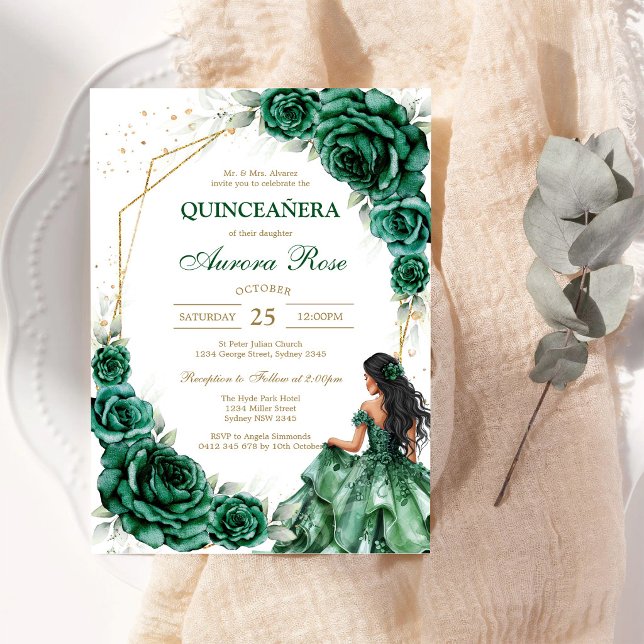 Grön Mis Quince Quinceañera Födelsedagsinbjudan Inbjudningar (Skapare uppladdad)