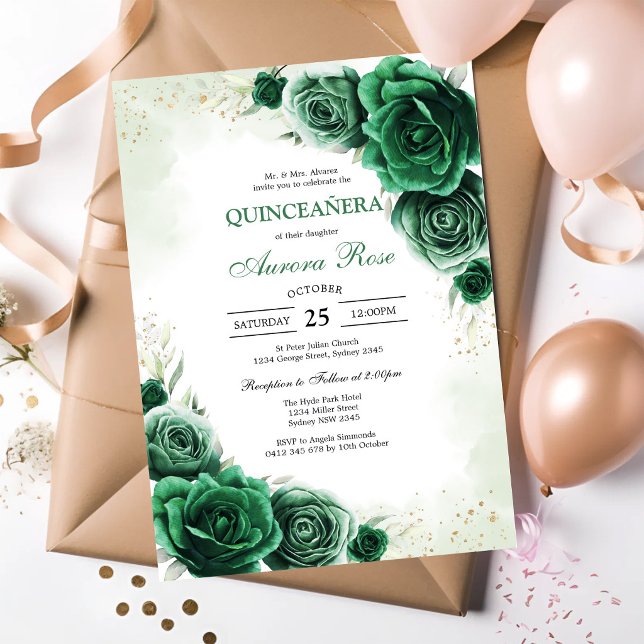 Grön Mis Quince Quinceañera Födelsedagsinbjudan Inbjudningar (Skapare uppladdad)