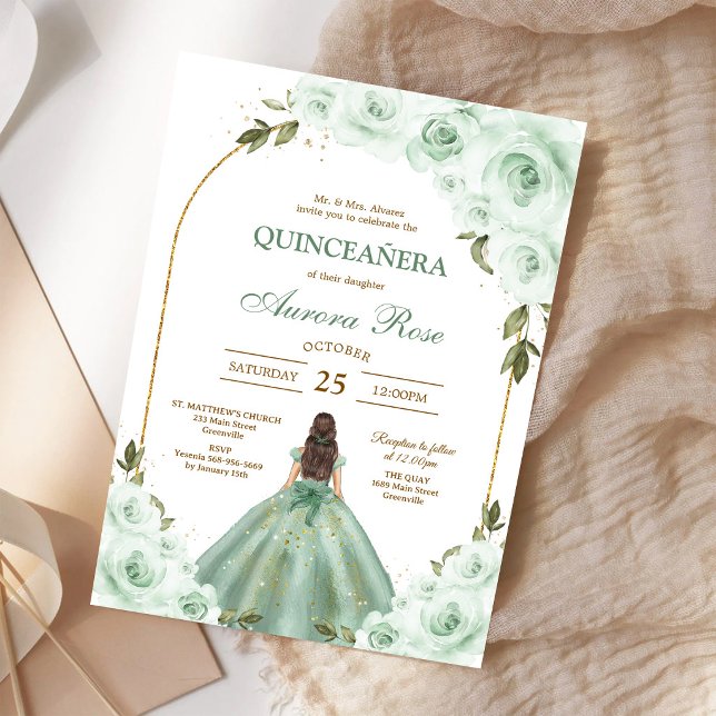 Grön Mis Quince Quinceañera Födelsedagsinbjudan Inbjudningar (Skapare uppladdad)