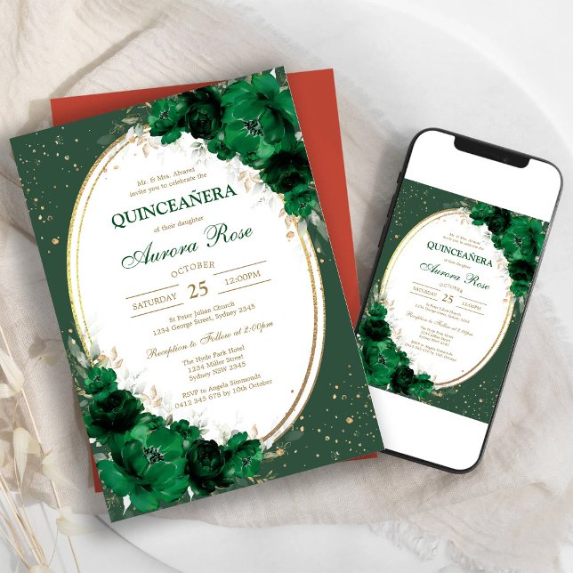 Grön Mis Quince Quinceañera Födelsedagsinbjudan Inbjudningar (Skapare uppladdad)
