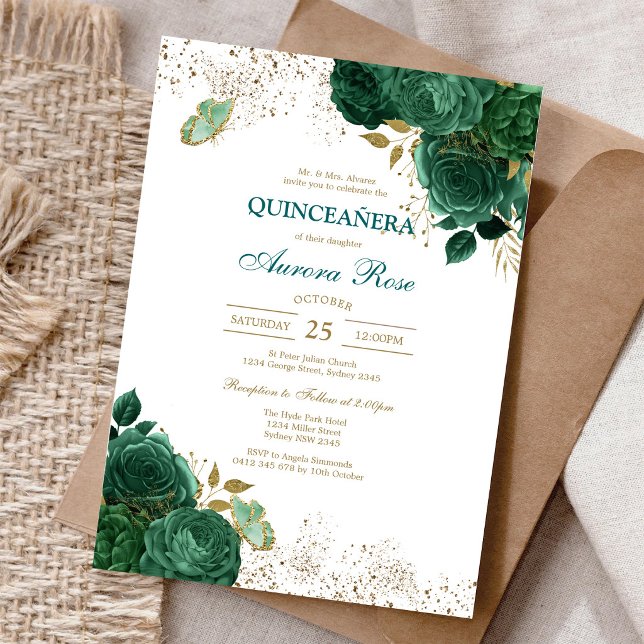 Grön Mis Quince Quinceañera Födelsedagsinbjudan Inbjudningar (Skapare uppladdad)