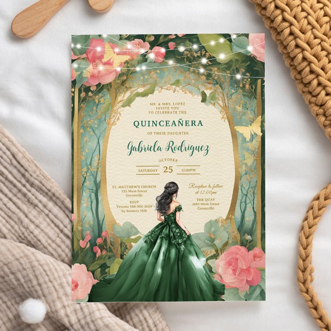 Grön Mis Quince Quinceañera Födelsedagsinbjudan Inbjudningar (Skapare uppladdad)