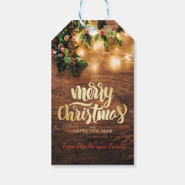 Grön mistel,Strängljus,Trä God Jul Presentetikett (Framsidan)