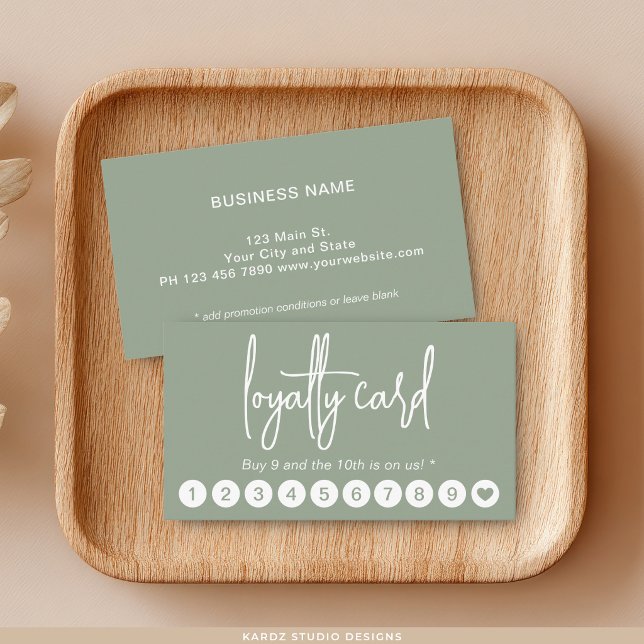 Grön Modern Script Professional Lojalitetskort Visitkort (Reward Punch Loyalty Card, customize promotion on back, choose paper and corner style.)