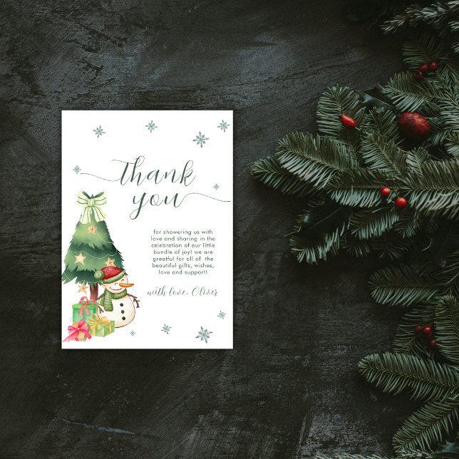 Grön Modern Vinter Snömannen Baby Shower Tack Kort (Green Modern Winter Snowman Baby Shower Thank You Card)