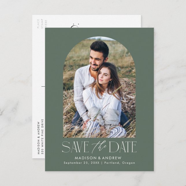 Grön | Modernt foto med enkel valvbåge Spara datum Meddelande Vykort (Fram/baksida)