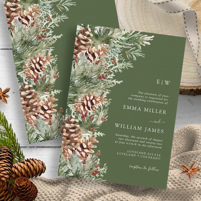 Grön Monogrammerad Tall Bröllop Inbjudningar (Mountain Hunter Green Monogrammed Evergreen Wedding Invitation by Painted Paperie
)