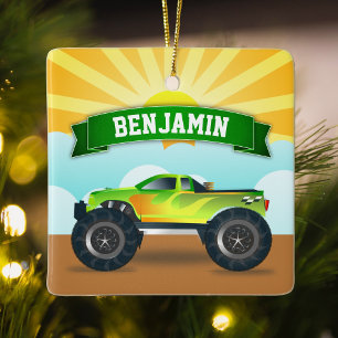 Grön Monster Truck Personligt Namn Barnrum Julgransprydnad Keramik