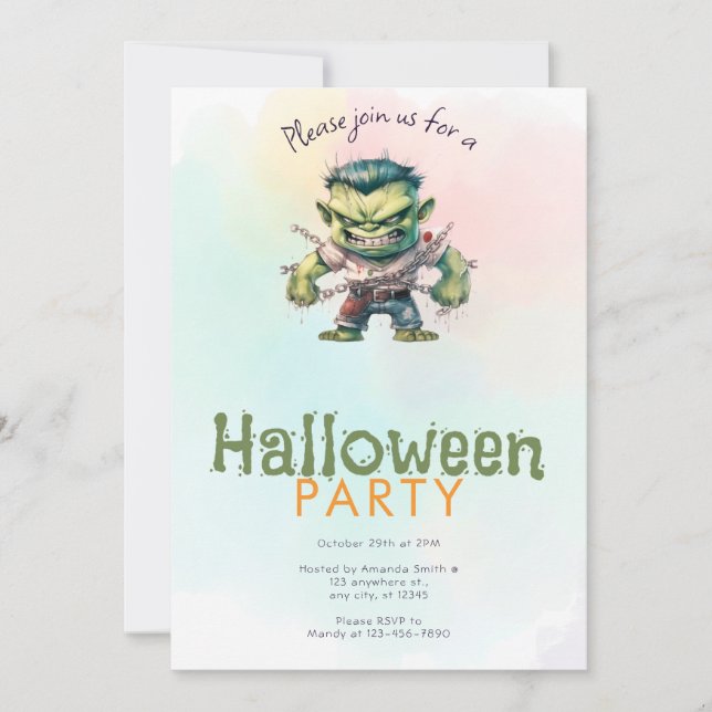 Grön Monster Vattenfärg Grön Halloweenfest Inbjudningar (Framsida)