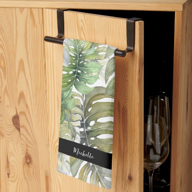 Grön Monstera Palm Kock Monogrammerad Kökshandduk (Thirds Fold)