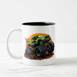 Grön monstertruck terrängracing illustration Två-Tonad mugg