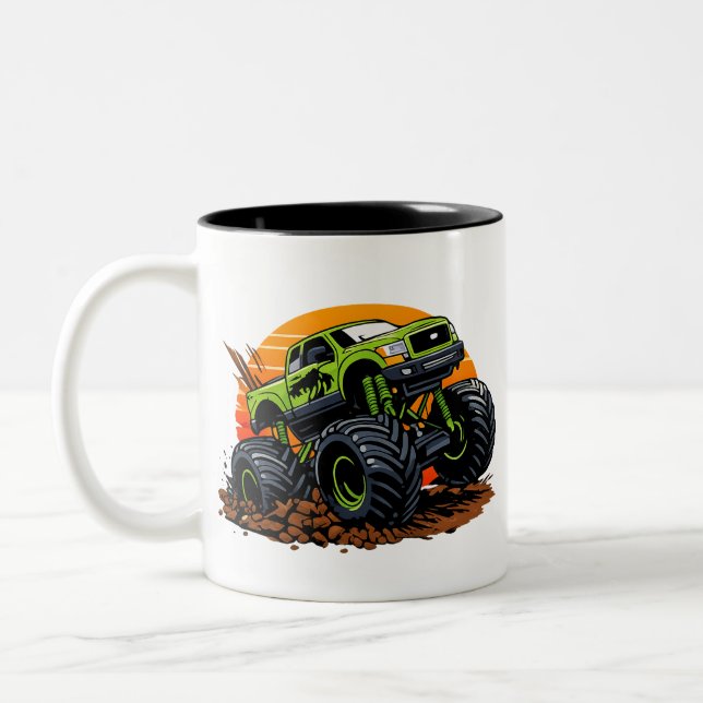 Grön monstertruck terrängracing illustration Två-Tonad mugg (Vänster)