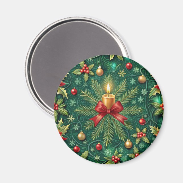 Grön mönstrad guld ljusstake Poinsettia blomma Magnet (Front/Back)
