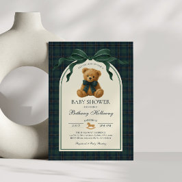 Grön Navy Plaid Polo Teddybjörn Baby Shower Inbjudningar