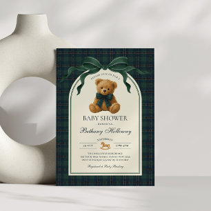 Grön Navy Plaid Polo Teddybjörn Baby Shower Inbjudningar