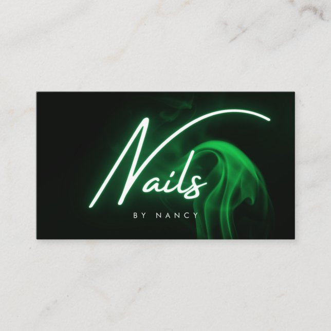 Grön Neon Nails Nagelteknik Skript Typografi  Visitkort (Framsida)