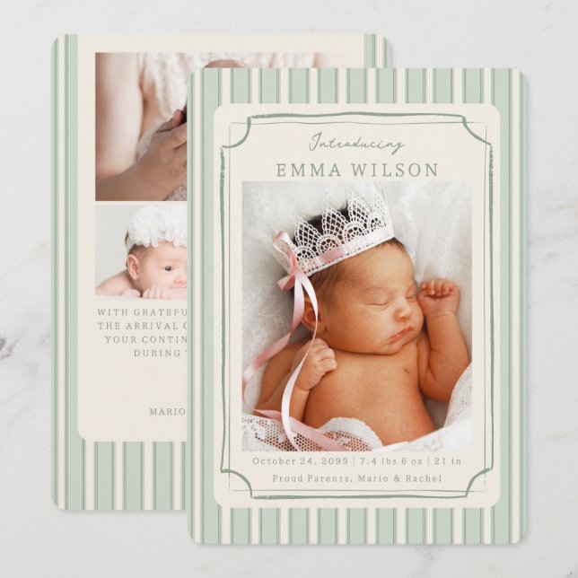 Grön nyfödd fotokollage baby födelse  meddelande (Fram/baksida)