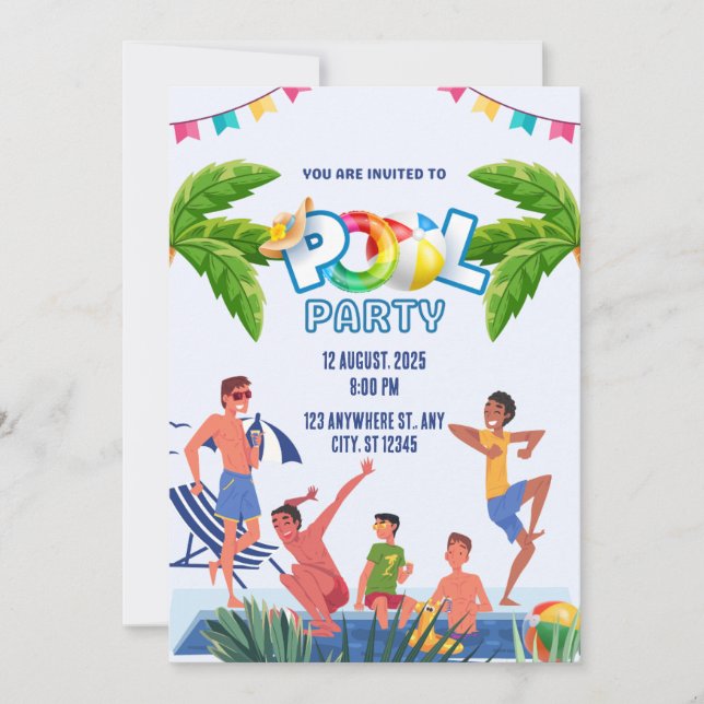 Grön och blå illustrativ poolparty inbjudningar (Framsida)