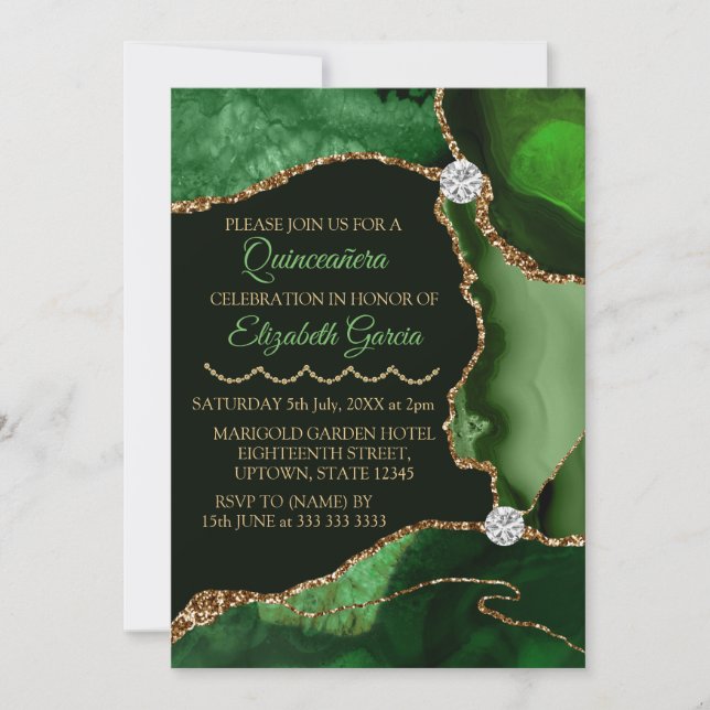 Grön och gul falsk glitteragate Quinceanera Inbjudningar (Framsida)