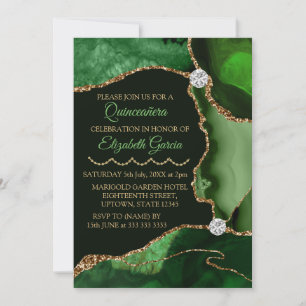 Grön och gul falsk glitteragate Quinceanera Inbjudningar