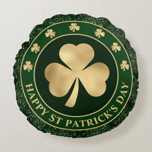 Grön och gul Shamrock-klöver St Patricks dag Rund Kudde (Framsidan)