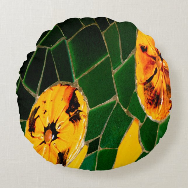 Grön och gul spansk mosaik  rund kudde (Framsidan)