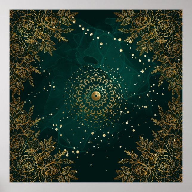 Grön och gul utsmyckad blomsterfigur  poster (Framsidan)