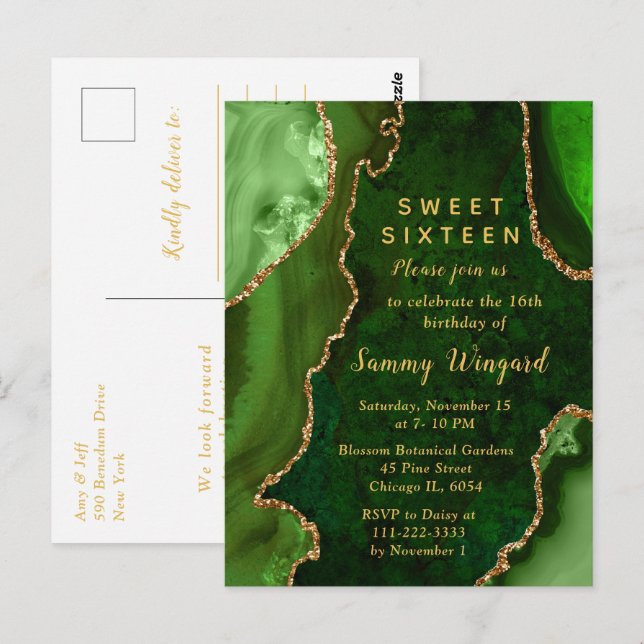 Grön och guld Agate Marmor Sweet Sixteen Vykort (Fram/baksida)