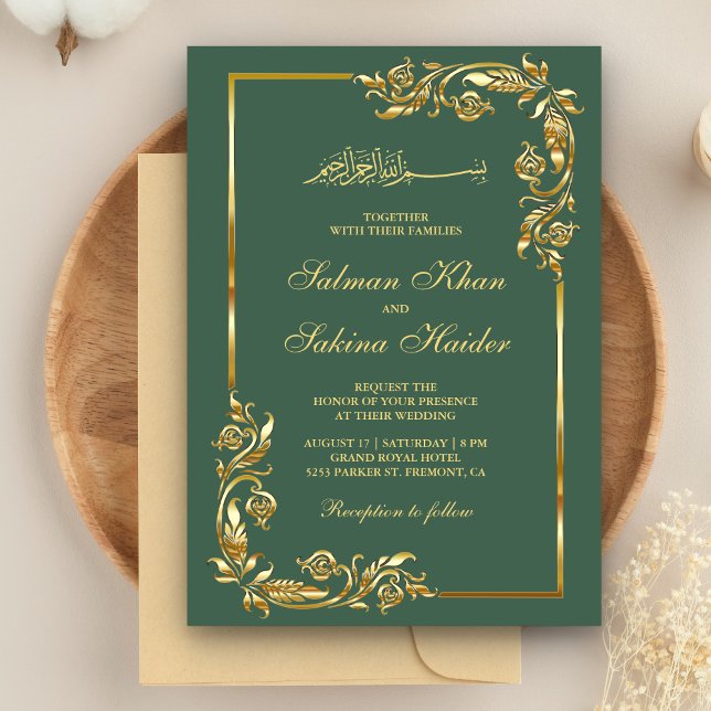 Grön och Guld Blommig Kant Islamisk Bröllop Inbjudningar (Skapare uppladdad)