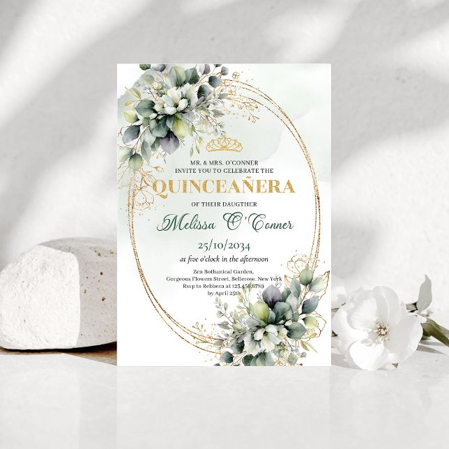 Grön Och Guld Bohemisk Quinceañera Inbjudan (Green And Gold Bohemian Quinceañera Invitation)